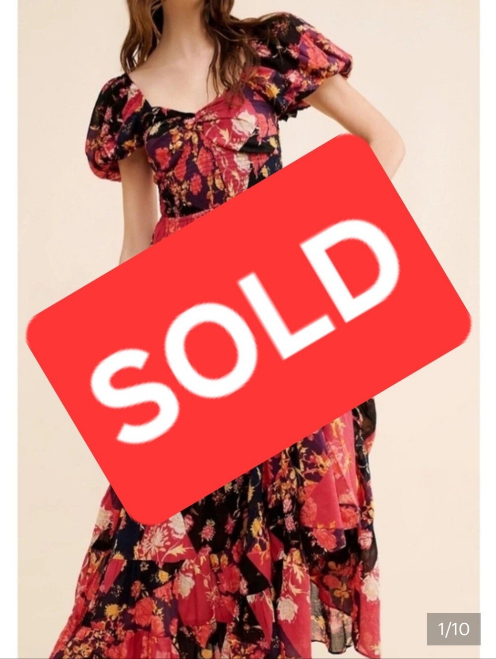 SOLD **Free People Floral Puff-Sleeve Maxi Dress in Red and Black